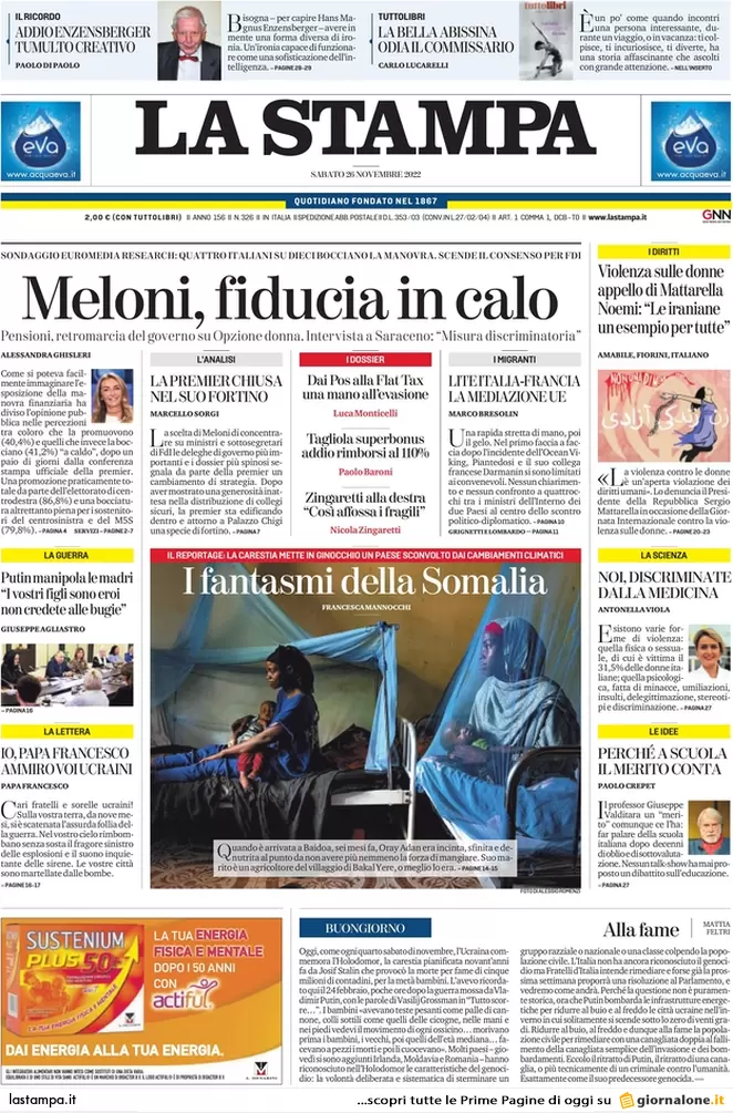 Prime pagine giornali 26 novembre 2022. Migranti e gas, l’Italia resta da sola