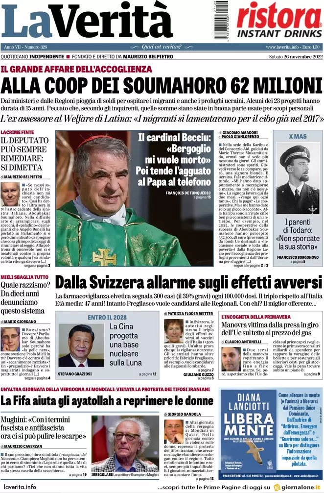 Prime pagine giornali 26 novembre 2022. Migranti e gas, l’Italia resta da sola