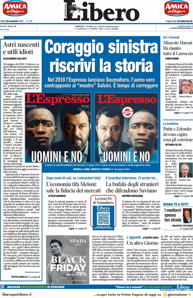 Prime pagine giornali 26 novembre 2022. Migranti e gas, l’Italia resta da sola