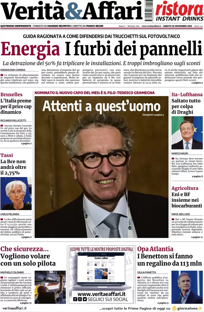 Prime pagine giornali economici 26 novembre. Tagli a pensioni fino a 2,5 mld