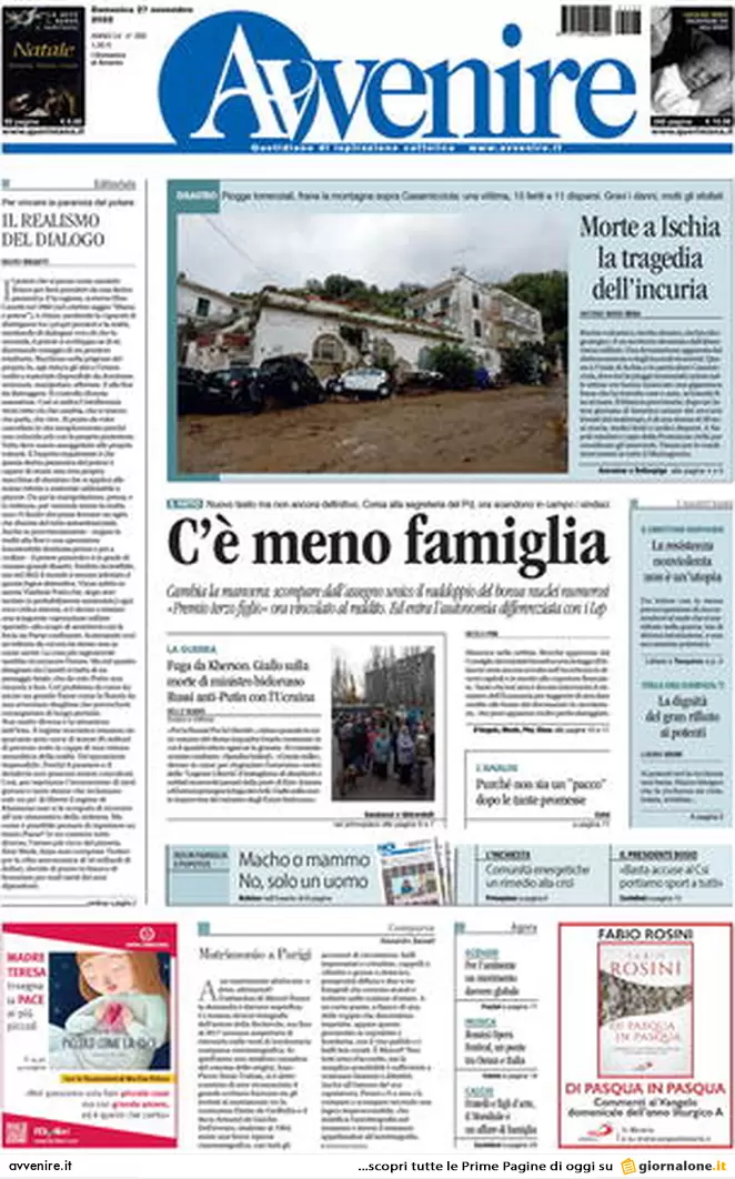 Prime pagine giornali 27 novembre 2022. Tragedia Ischia e tagli alle scuole