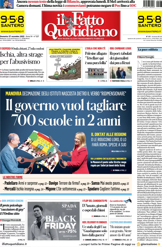Prime pagine giornali 27 novembre 2022. Tragedia Ischia e tagli alle scuole