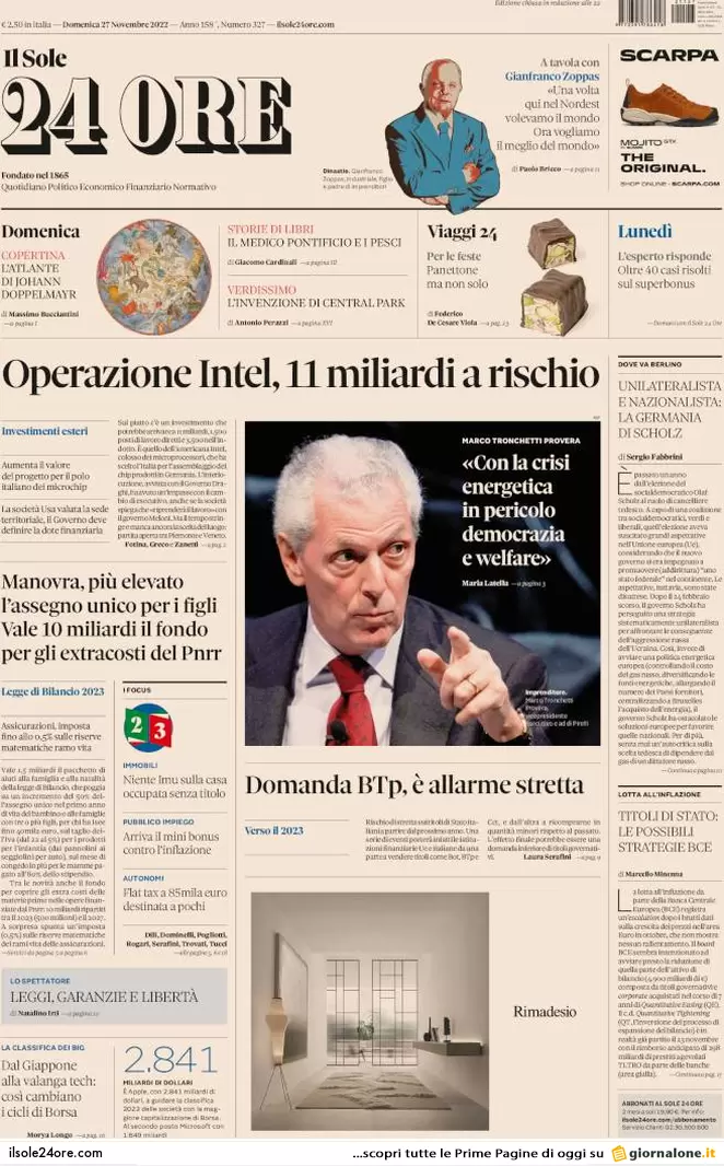 Prime pagine giornali economici 27 novembre. Operazione Intel, 11mld a rischio Prime pagine giornali economici 27 novembre. Operazione Intel, 11mld a rischio