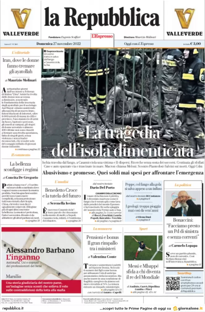 Prime pagine giornali 27 novembre 2022. Tragedia Ischia e tagli alle scuole