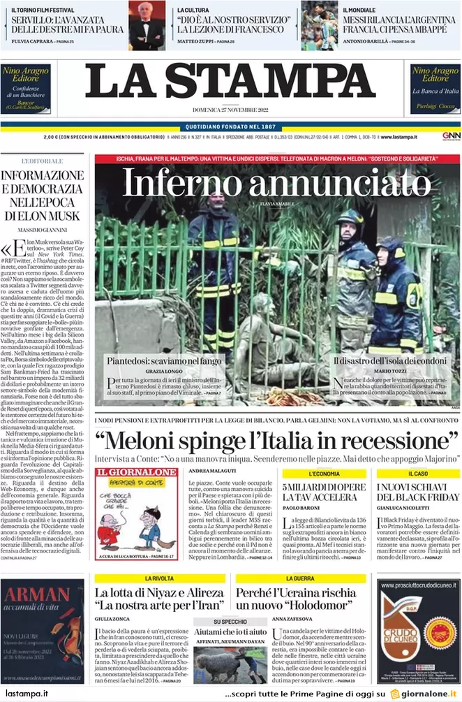 Prime pagine giornali 27 novembre 2022. Tragedia Ischia e tagli alle scuole