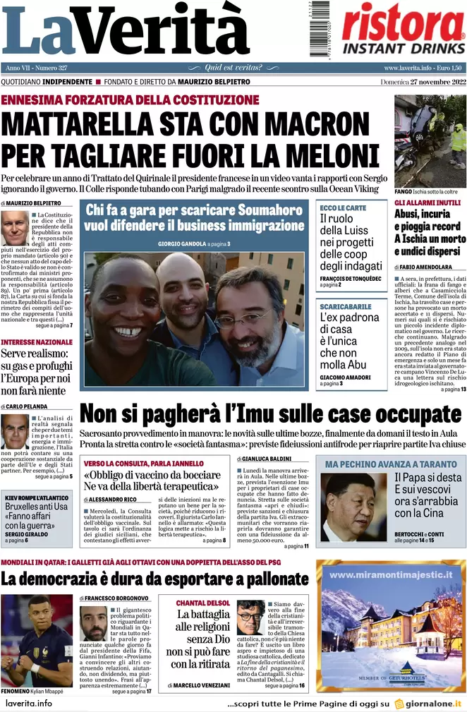 Prime pagine giornali 27 novembre 2022. Tragedia Ischia e tagli alle scuole