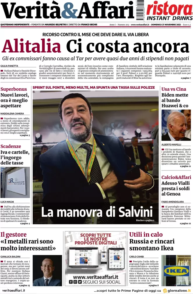 Prime pagine giornali economici 27 novembre. Operazione Intel, 11mld a rischio Prime pagine giornali economici 27 novembre. Operazione Intel, 11mld a rischio