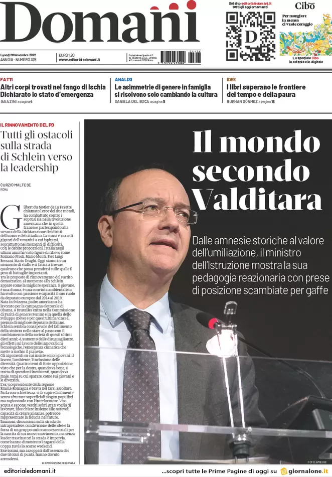 Prime pagine giornali 28 novembre 2022. Il mondo scolastico secondo Valditara Prime pagine giornali 28 novembre 2022. Il mondo scolastico secondo Valditara