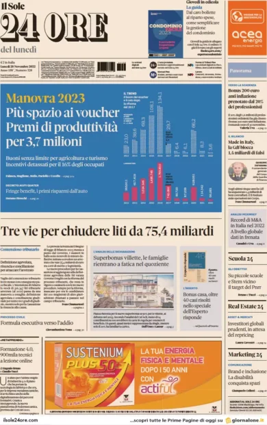 Prime pagine giornali economici 28 novembre. Manovra 2023, ufficiali i voucher