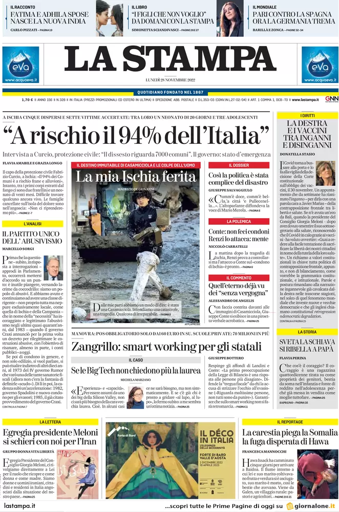 Prime pagine giornali 28 novembre 2022. Il mondo scolastico secondo Valditara Prime pagine giornali 28 novembre 2022. Il mondo scolastico secondo Valditara
