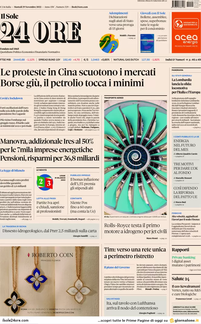 Prime pagine giornali 29 novembre 2022. Governo, scontro con l’Ue sul Pos Prime pagine giornali 29 novembre 2022. Governo, scontro con l’Ue sul Pos