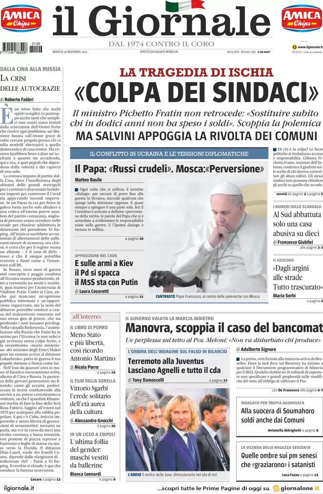 Prime pagine giornali 29 novembre 2022. Governo, scontro con l’Ue sul Pos Prime pagine giornali 29 novembre 2022. Governo, scontro con l’Ue sul Pos