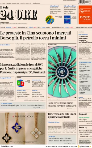 Prime pagine giornali economici 29 novembre. Borse giù, petrolio ai minimi