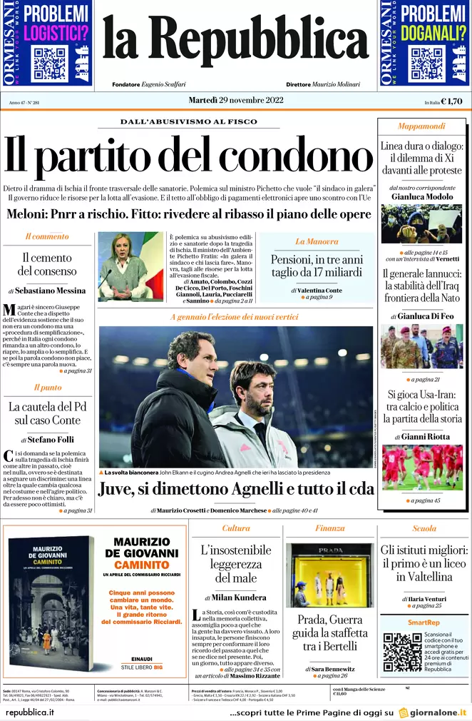 Prime pagine giornali 29 novembre 2022. Governo, scontro con l’Ue sul Pos Prime pagine giornali 29 novembre 2022. Governo, scontro con l’Ue sul Pos