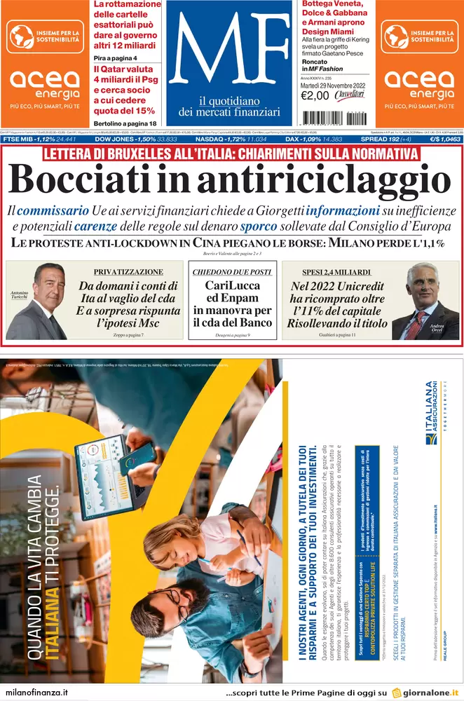 Prime pagine giornali economici 29 novembre. Borse giù, petrolio ai minimi Prime pagine giornali economici 29 novembre. Borse giù, petrolio ai minimi