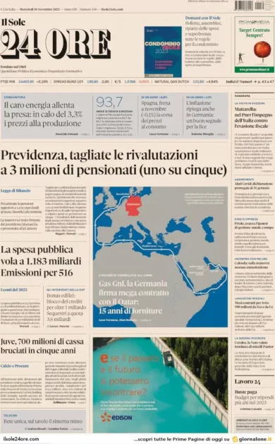 Prime pagine giornali economici 30 novembre. Pensioni, stop alle rivalutazioni