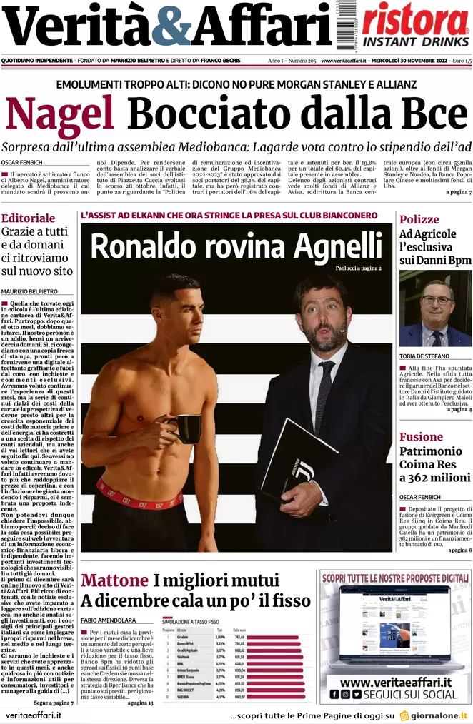 Prime pagine giornali economici 30 novembre. Pensioni, stop alle rivalutazioni Prime pagine giornali economici 30 novembre. Pensioni, stop alle rivalutazioni