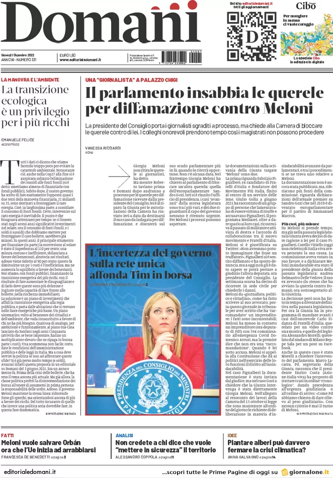 Prime pagine giornali 1 dicembre 2022. La cooperativa dei Soumahoro è falsa