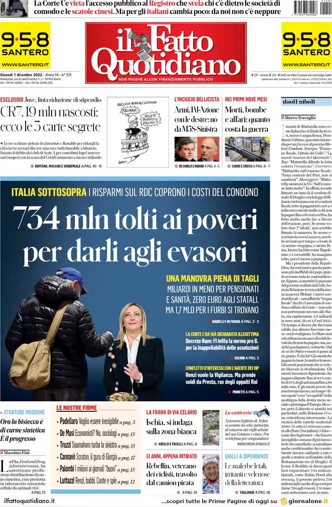 Prime pagine giornali 1 dicembre 2022. La cooperativa dei Soumahoro è falsa
