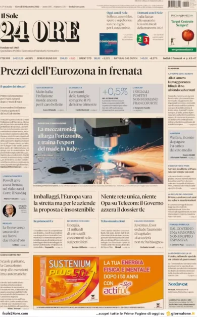 Prime pagine giornali economici 1 dicembre. Prezzi dell’Eurozona in frenata