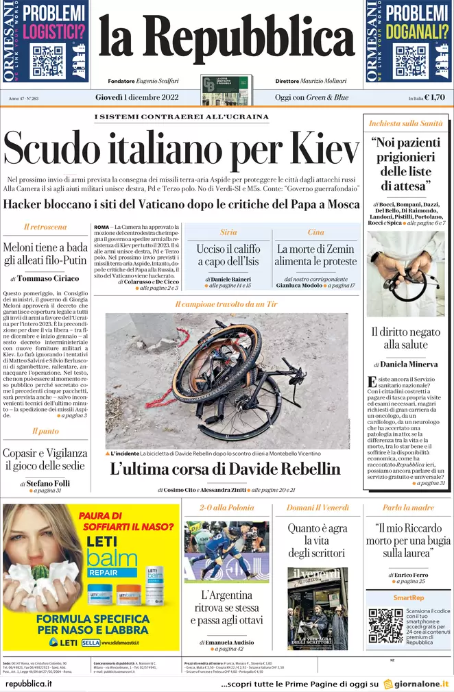 Prime pagine giornali 1 dicembre 2022. La cooperativa dei Soumahoro è falsa