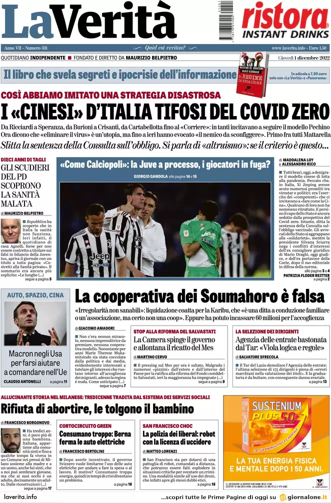 Prime pagine giornali 1 dicembre 2022. La cooperativa dei Soumahoro è falsa