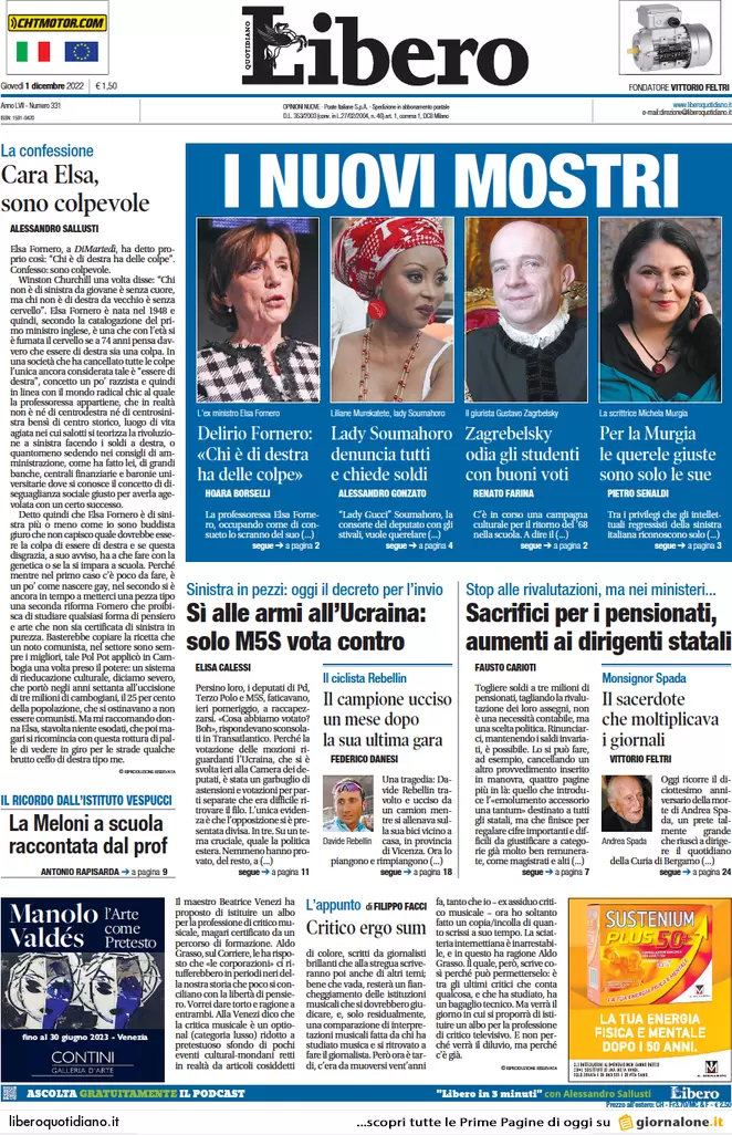 Prime pagine giornali 1 dicembre 2022. La cooperativa dei Soumahoro è falsa
