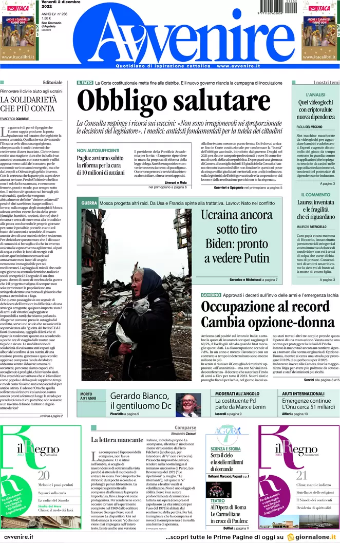 Prime pagine giornali 2 dicembre 2022. Tagli alla scuola, chiusi 700 istituti