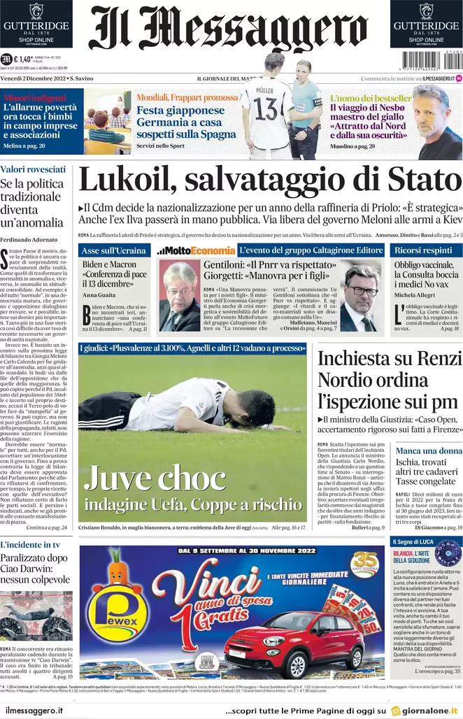 Prime pagine giornali 2 dicembre 2022. Tagli alla scuola, chiusi 700 istituti