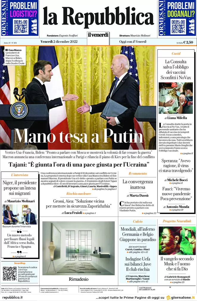 Prime pagine giornali 2 dicembre 2022. Tagli alla scuola, chiusi 700 istituti