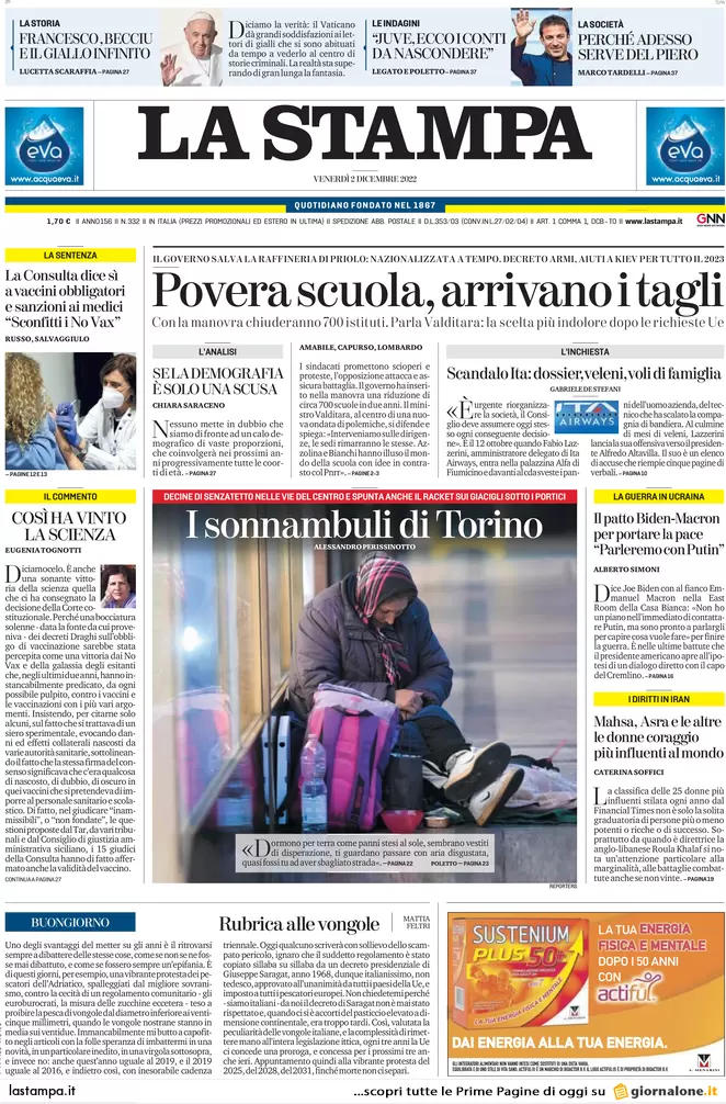 Prime pagine giornali 2 dicembre 2022. Tagli alla scuola, chiusi 700 istituti