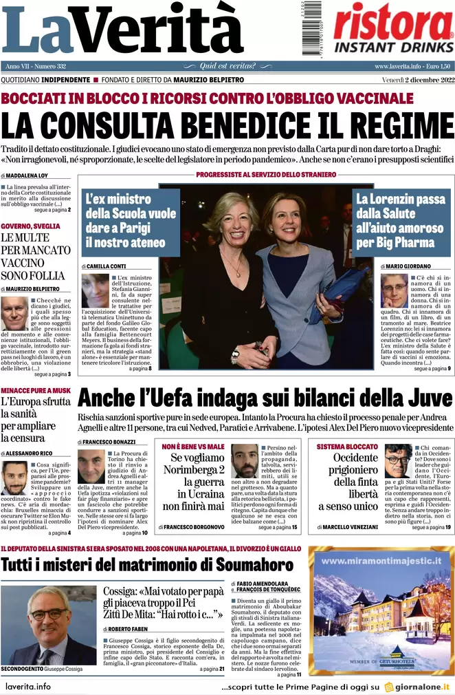 Prime pagine giornali 2 dicembre 2022. Tagli alla scuola, chiusi 700 istituti