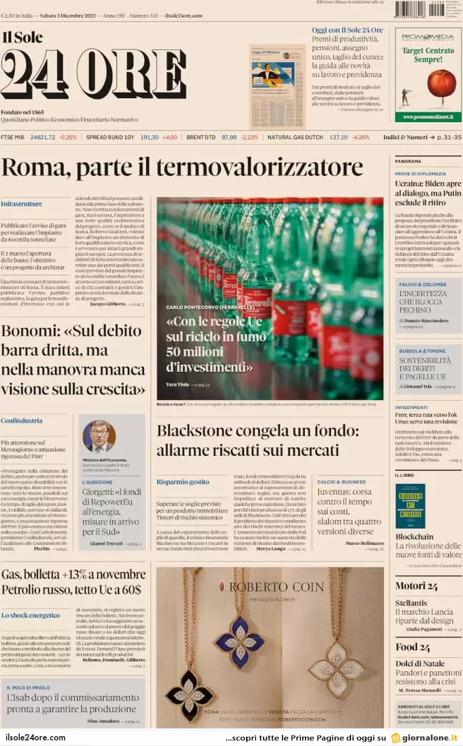 Prime pagine giornali 3 dicembre 2022. Allarme evasione e stangata sul gas Prime pagine giornali 3 dicembre 2022. Allarme evasione e stangata sul gas