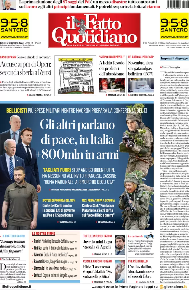 Prime pagine giornali 3 dicembre 2022. Allarme evasione e stangata sul gas Prime pagine giornali 3 dicembre 2022. Allarme evasione e stangata sul gas