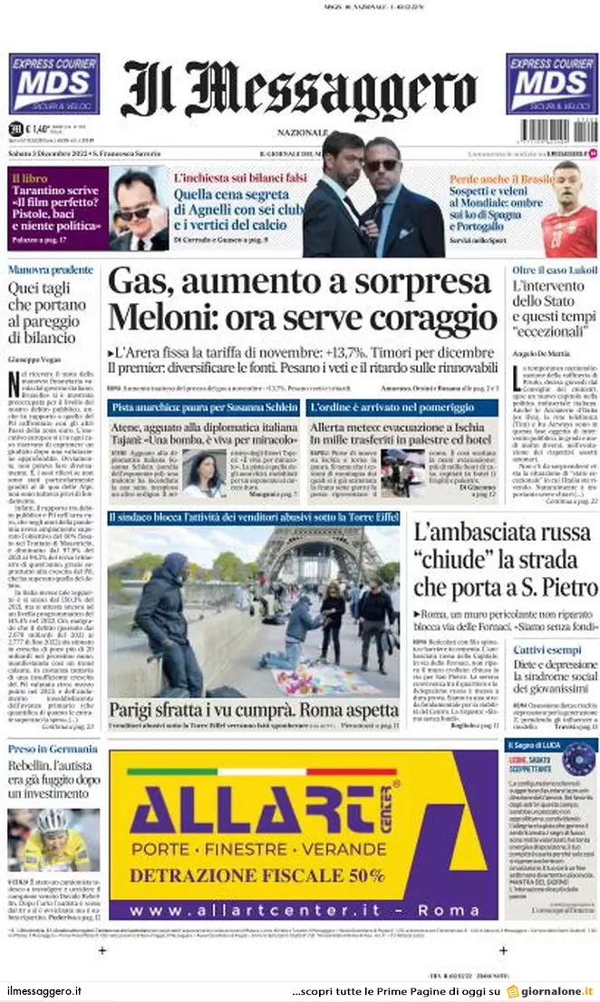 Prime pagine giornali 3 dicembre 2022. Allarme evasione e stangata sul gas Prime pagine giornali 3 dicembre 2022. Allarme evasione e stangata sul gas