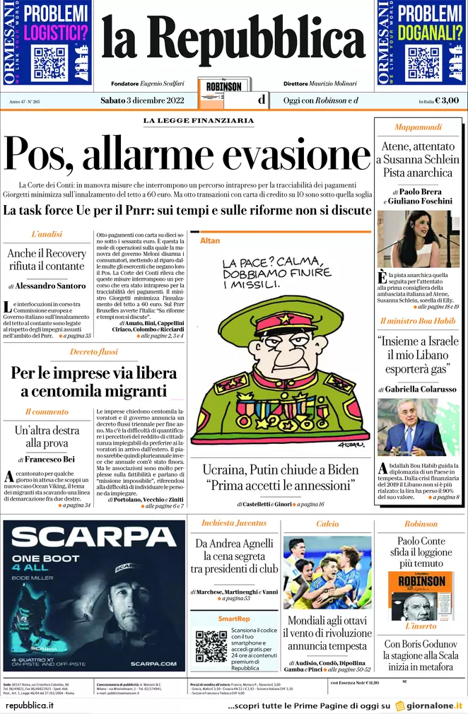Prime pagine giornali 3 dicembre 2022. Allarme evasione e stangata sul gas Prime pagine giornali 3 dicembre 2022. Allarme evasione e stangata sul gas