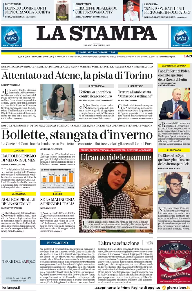 Prime pagine giornali 3 dicembre 2022. Allarme evasione e stangata sul gas Prime pagine giornali 3 dicembre 2022. Allarme evasione e stangata sul gas