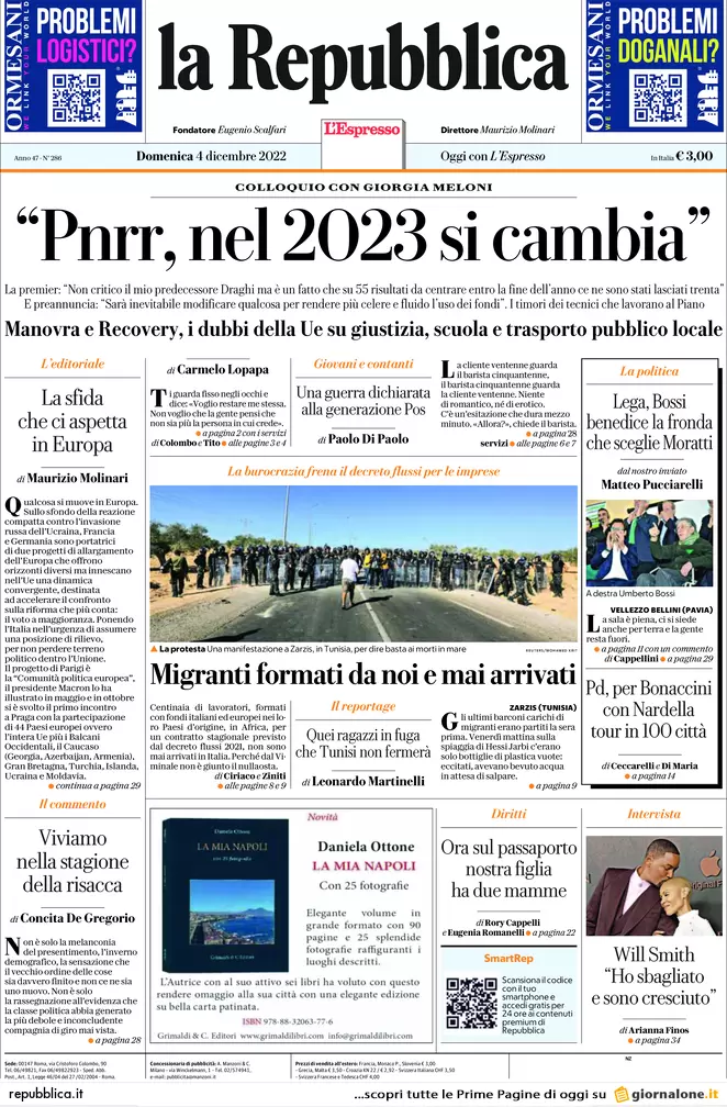 Prime pagine giornali 4 dicembre 2022. Nuovo Pnrr e il piano sulla sicurezza
