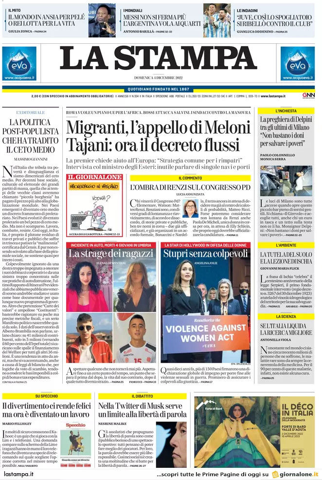 Prime pagine giornali 4 dicembre 2022. Nuovo Pnrr e il piano sulla sicurezza