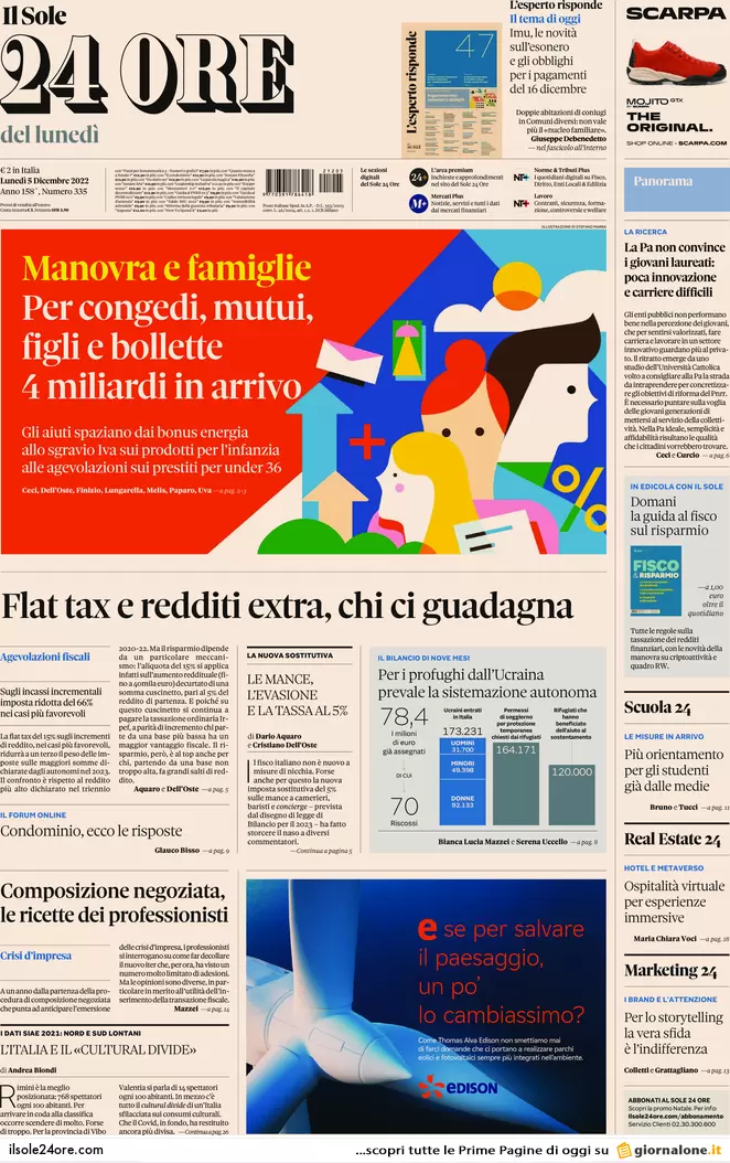 Prime pagine giornali 5 dicembre 2022. La destra vuole rimettere le Province