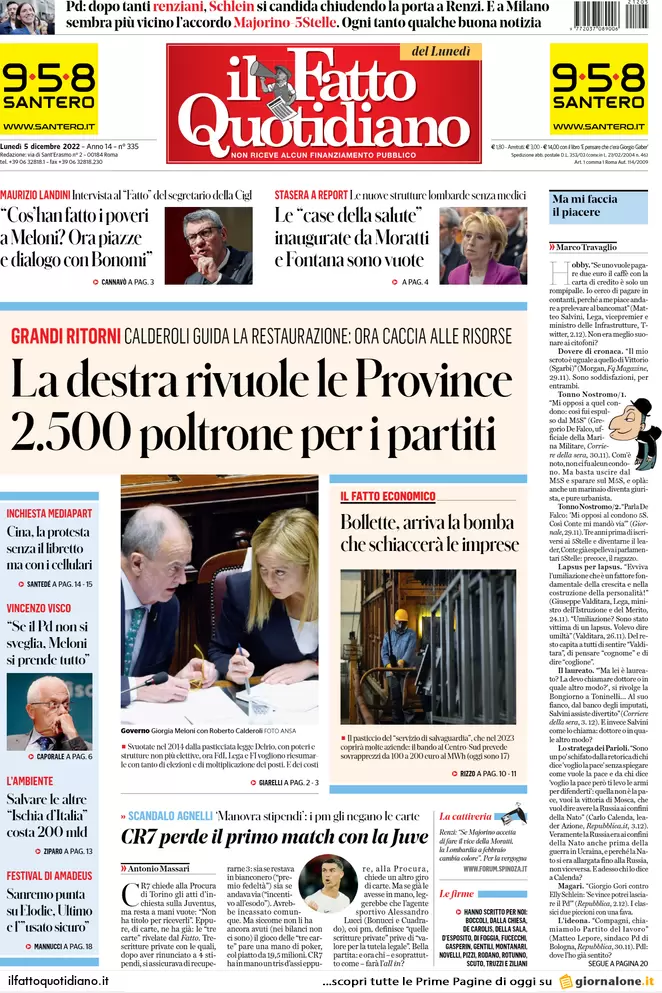 Prime pagine giornali 5 dicembre 2022. La destra vuole rimettere le Province