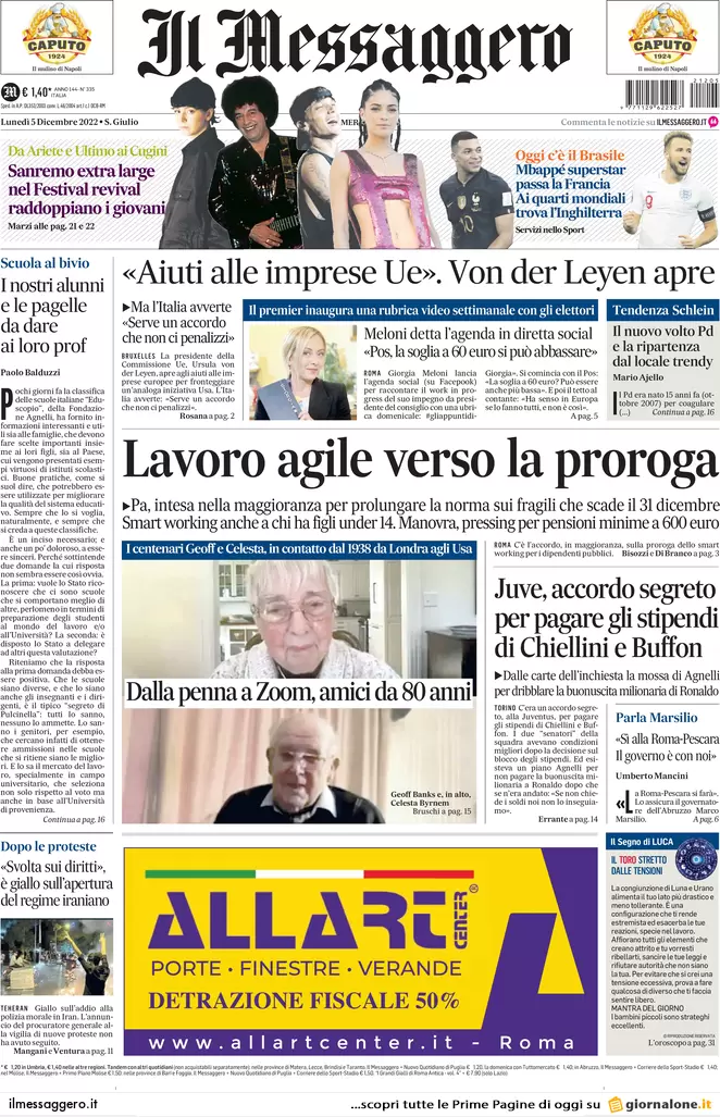 Prime pagine giornali 5 dicembre 2022. La destra vuole rimettere le Province