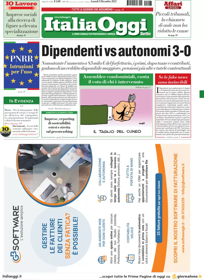 Prime pagine giornali economici 5 dicembre. Famiglie, 4 mld per le bollette