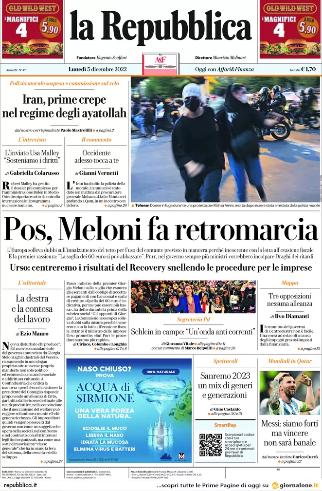 Prime pagine giornali 5 dicembre 2022. La destra vuole rimettere le Province