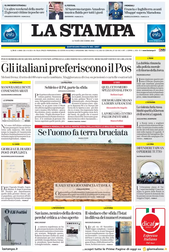 Prime pagine giornali 5 dicembre 2022. La destra vuole rimettere le Province