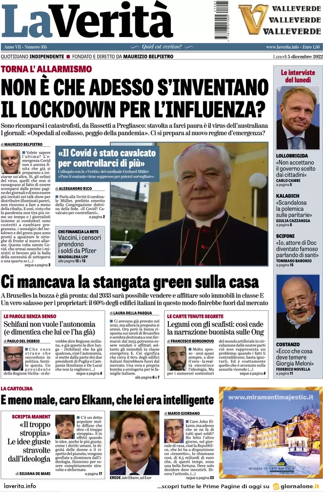 Prime pagine giornali 5 dicembre 2022. La destra vuole rimettere le Province