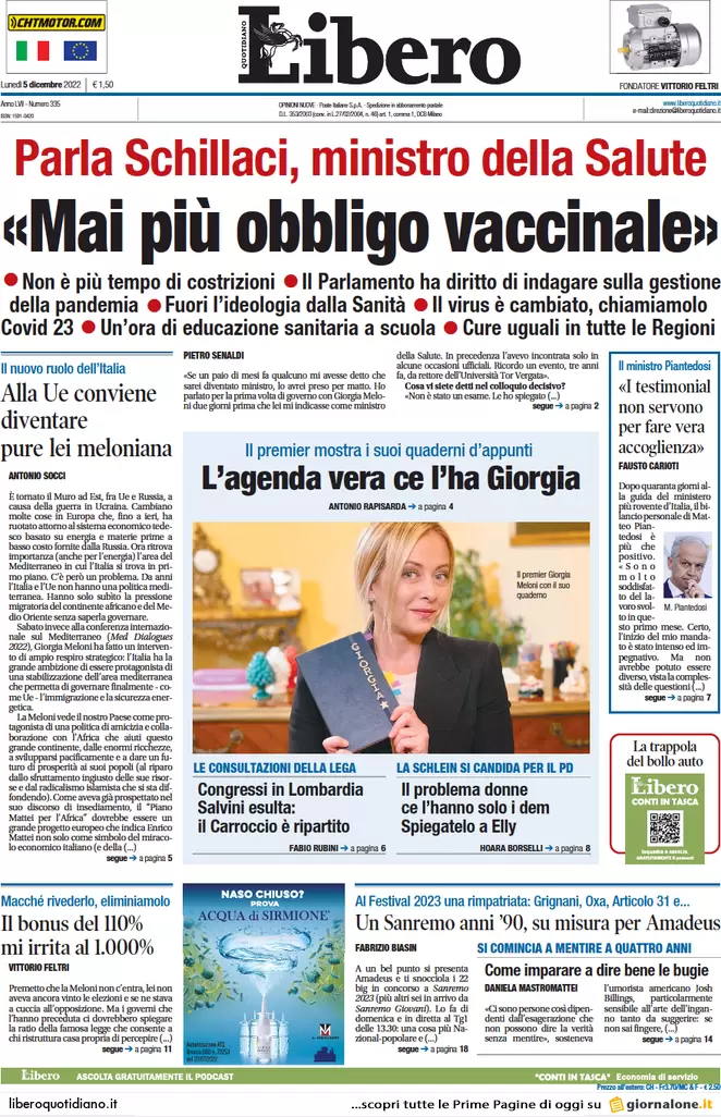 Prime pagine giornali 5 dicembre 2022. La destra vuole rimettere le Province