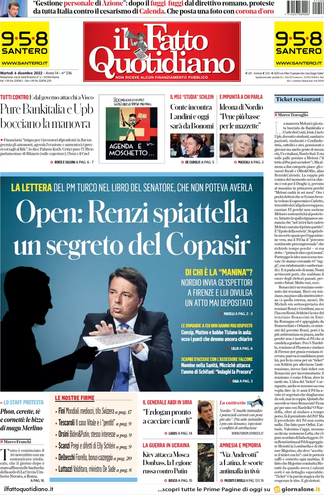 Prime pagine giornali 6 dicembre 2022. Manovra, il gelo di Bankitalia sul Pos Prime pagine giornali 6 dicembre 2022. Manovra, il gelo di Bankitalia sul Pos