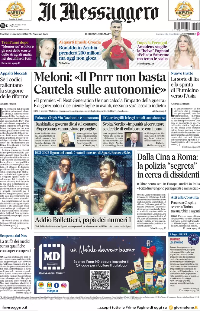 Prime pagine giornali 6 dicembre 2022. Manovra, il gelo di Bankitalia sul Pos Prime pagine giornali 6 dicembre 2022. Manovra, il gelo di Bankitalia sul Pos