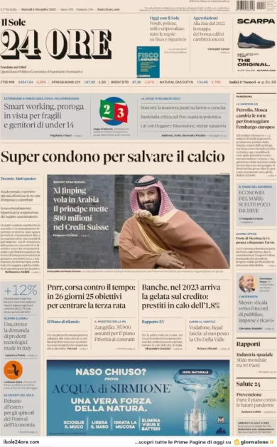 Prime pagine giornali economici 6 dicembre. Banche, prestiti in calo dell’1,8%